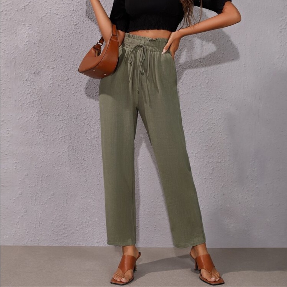 Army Green Paperbag High Waist Linen Pant